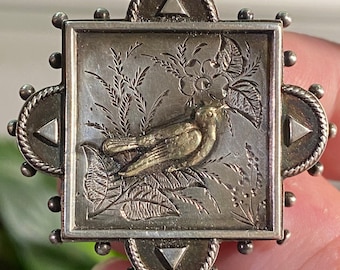 Sterling Antique Victorian Mourning Pendant / Brooch with Gilded Bird