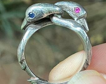 Sterling und Edelsteine Doppel-Schwan-Ring ~ sehr detailliert ~ Größe 7,25