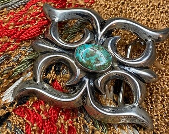 Navajo Sandcast Silver Belt Buckle with Turquoise