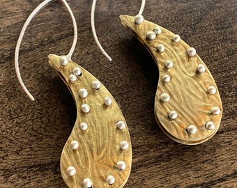 Sterling & Brass Handmade Paisley Shaped Earrings ~ Sterling Rivets