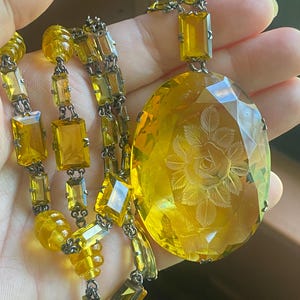 Art Deco Uranium Glass Intaglio Pendant and Silver Glass Beaded Chain ~ Massive Intaglio