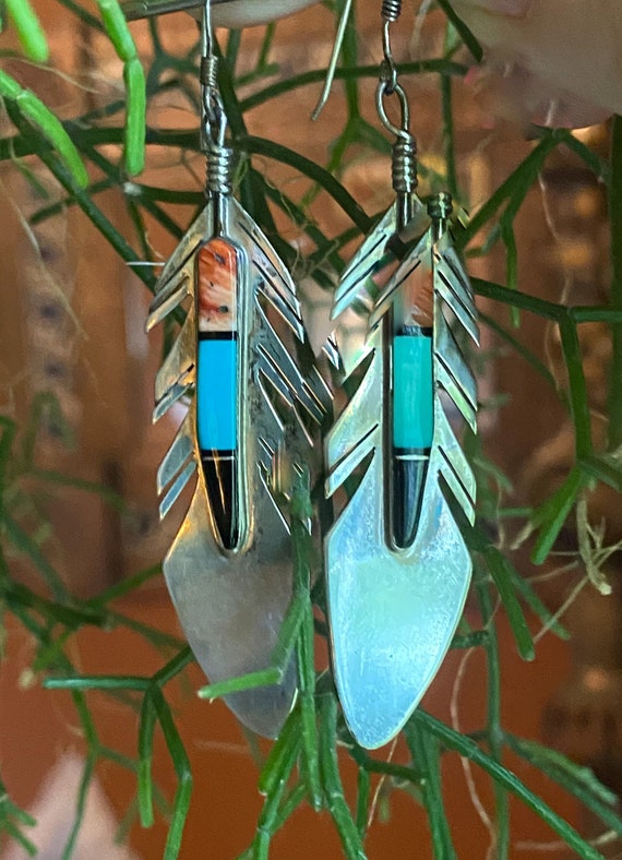 Navajo Sterling Feather Earrings with Turquoise, O