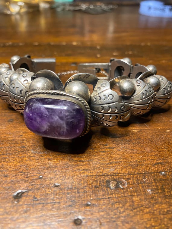 Statement Mexico Silver Amethyst Panel Bracelet - image 5