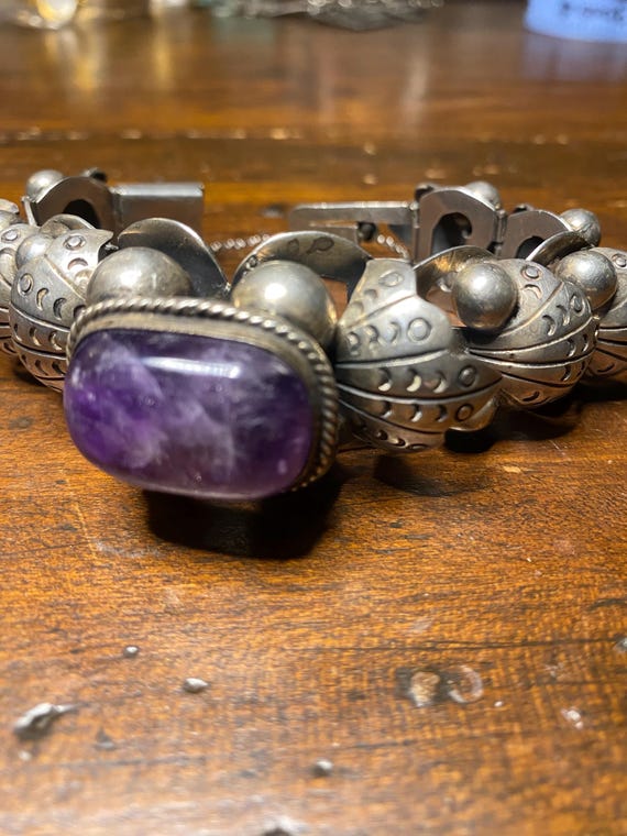 Statement Mexico Silver Amethyst Panel Bracelet - image 3
