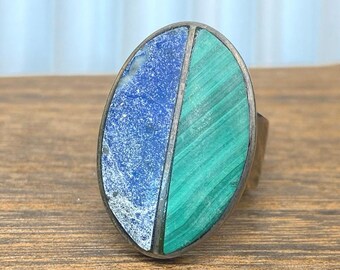 Denim Lapis and Malachite Inlaid Ring Sterling Silver ~ Size 8