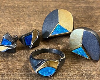 Vintage Sterling & Opal Jewelry Set ~ Ring and Earrings
