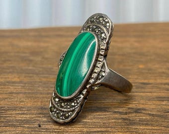 Art Deco Malachite and Marcasite Sterling Ring ~ Size 6.5