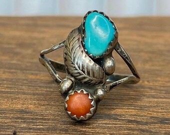 Turquoise and Coral Sterling Ring ~ Size 6.5