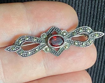 Vintage Sterling Garnet and Marcasite Brooch