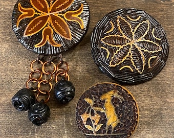 Folk Art Wooden & Copper Brooches