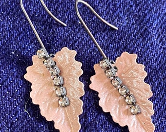Antique Pink Leaf & Rhinestone Earrings ~ 1950