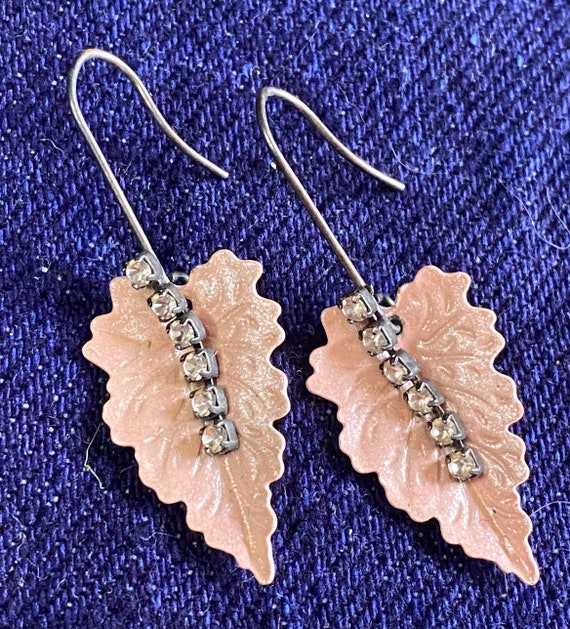 Antique Pale Pink Leaf and Rhinestone Earrings ~ 1