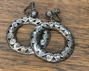 Antique Mexican Cage Pierced Sterling Earrings