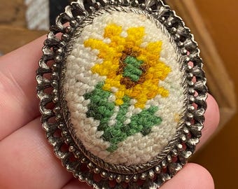 Vintage Needlepoint Pendant or Brooch with Yellow Sunflower