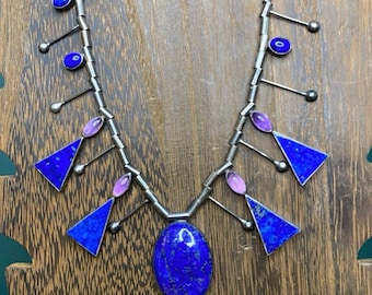 Sterling and Lapis Artist Made Modernist Necklace