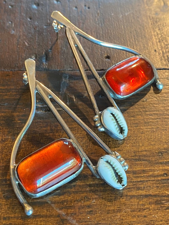 Handmade Amber and Shell Sterling Silver Earrings 