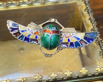 Egyptian Revival Scarab Pliqué a Jour Enamel and Guilloche