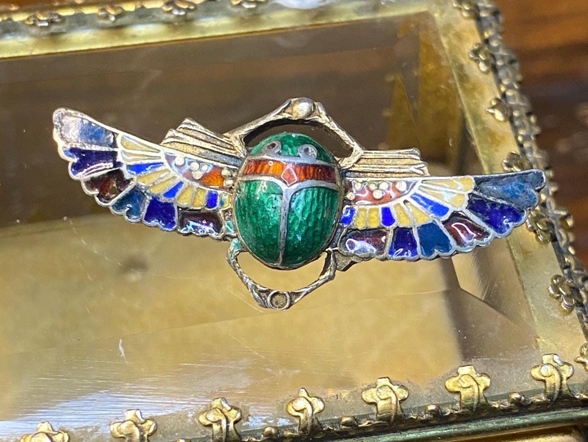 Egyptian Revival Scarab Pliqué a Jour Enamel and Guilloche