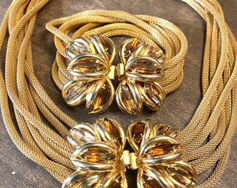 Vintage Gold-tone and Amber Rhinestone Necklace & Bracelet Set