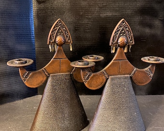 Vintage Pair of Bjorn Wiinblad Style Copper Clad Aluminum Figural Candle Holders