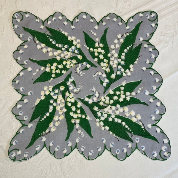 Vintage 1950’s Scalloped Cotton Handkerchief  - Four Large Lily of the Valley Sprays on Dove Gray Background with Lily Bell Scalloped Edges