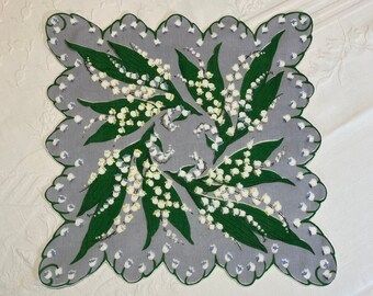 Vintage 1950’s Scalloped Cotton Handkerchief  - Four Large Lily of the Valley Sprays on Dove Gray Background with Lily Bell Scalloped Edges