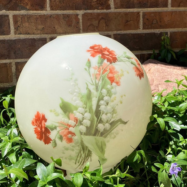 Antique 1890s Floral Hand Painted Milk Glass Globe for Hurricane Lamps - 11" Replacement Globe - Kerosene Oil Ball Shade - Signed C. Klein