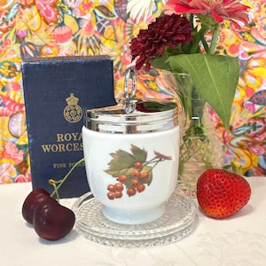 Vintage 1970s Royal Worcester Fine Porcelain Single Egg Coddler - Eversham Peach and Berry Pattern, Stainless Lid, Original Box & Recipes