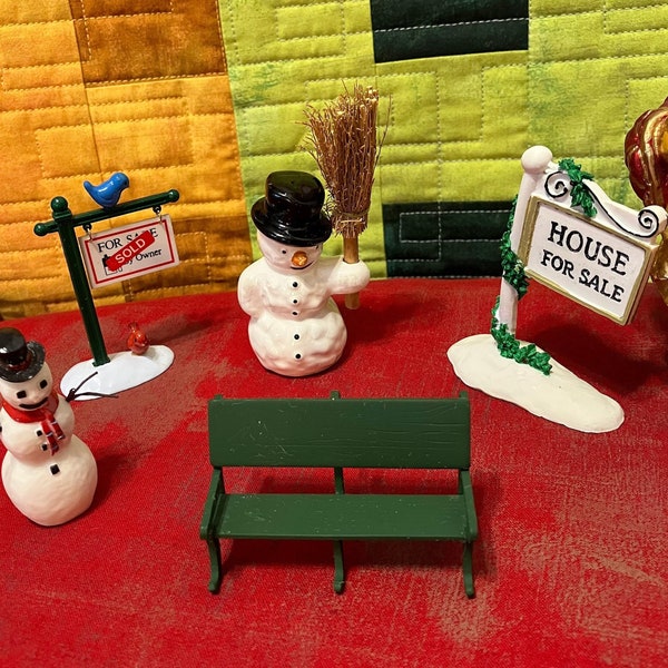 Vintage Department 56 Snow Village - Miscellaneous Accessory Pieces - Sold Separately - For Sale Signs, Snowman, Park Bench