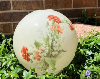 Antique 1890s Floral Hand Painted Milk Glass Globe for Hurricane Lamps - 11" Replacement Globe - Kerosene Oil Ball Shade - Signed C. Klein