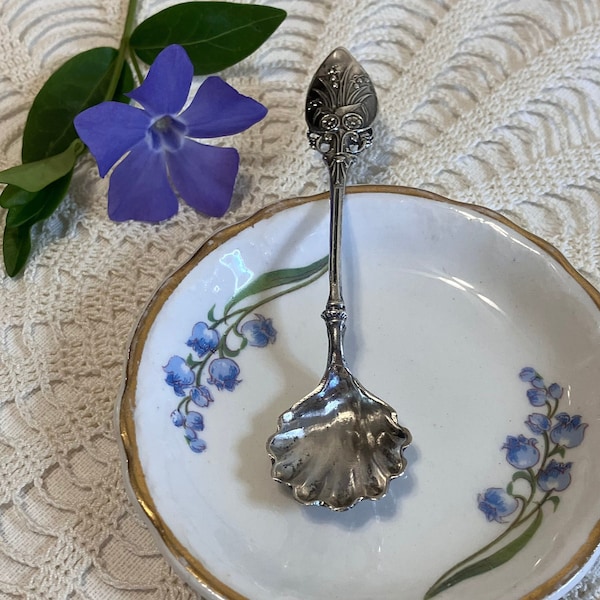 Antique Sterling Silver Salt Spoon - Lily of the Valley Handle and Scalloped Spoon Bowl - Hallmarked - Early 1900’s  - 3 1/2” Long