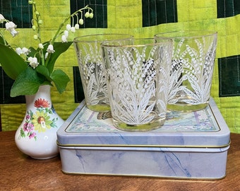 Vintage 1960’s Jeannette Glass Bright White Lily of the Valley Juice Glasses with Gold Rim - Set of 3 - 6 fl. oz.