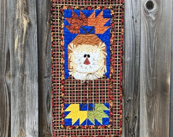 Fall Leaves and Scarecrow Wall Hanging - 17 1/2" by 34 1/2" - Handmade Applique and Pieced Quilt - Small Autumn Seasonal Quilt