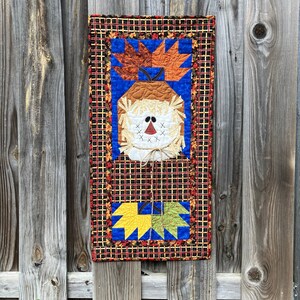 Fall Leaves and Scarecrow Wall Hanging - 17 1/2&quot; by 34 1/2&quot; - Handmade Applique and Pieced Quilt - Small Autumn Seasonal Quilt
