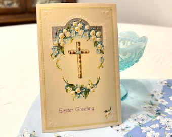 Antique 1912 Easter Greeting Postcard - Wooden Cross Surrounded by Embossed Lilies or the Valley and Forget-me-Nots