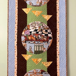 Handmade Quilted Wall Hanging - Chocolaterie for Cats - 24 1/4” x 64” - Pieced and Applique with Kitties in Chocolate Shop