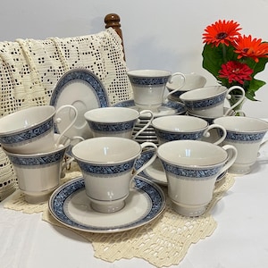 Vintage 1978 Pickard Bone China - Cup & Saucer Set - 0512B - Overture - Two-Tone Blue Floral Band, Platinum Trim, Sold Individually