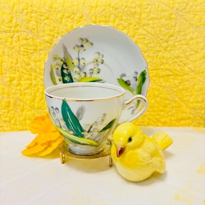 Vintage 1960s Kasuga Ware Fine China Hand Painted Lily of the Valley No. 5 Cup and Saucer - Birthday Floral Series - Made in Japan