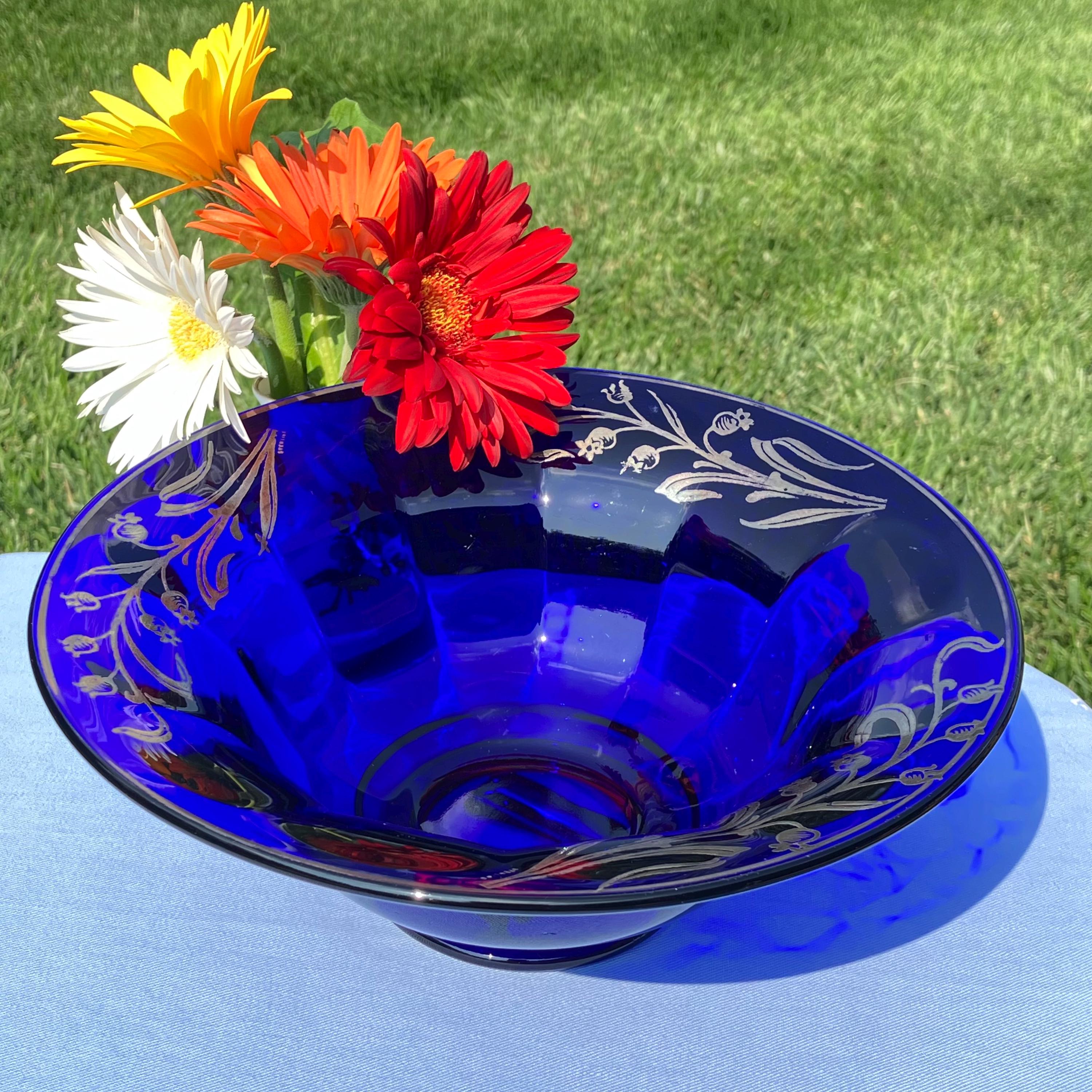 Vintage 1950’s Bohemian/Czechsolakian Cobalt Blue Art Glass Bowl with Lily of the Valley Silver Overlay - 9” Diameter by 3 1/2” Tall