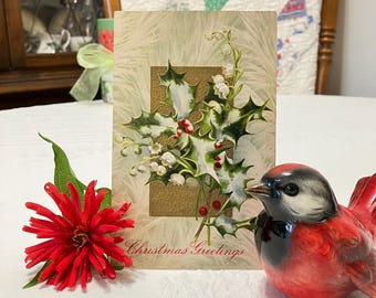 Antique Christmas Greetings Postcard - Holly & Berries with Lily of the Valley on Embossed Gold and Winter Snow Background