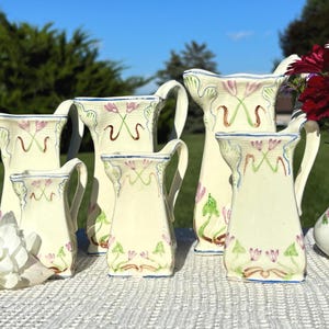 Rare Vintage 1950s German Ceramic Pottery 6-Piece Graduated Kitchen Pitchers Set - Hand-Painted Lavender Floral Decor