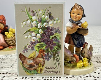 Antique 1900's Easter Greetings Postcard - Mother Hen and Chicks in Front of Lily of the Valley and Violets Bouquet - Blank on Back