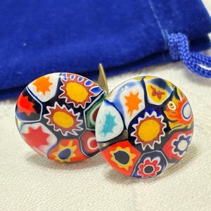 Vintage 1950’s Millefiori Murano Handmade Venetian Glass 21mm Cabochon Earrings - Multicolored Mosaic Clip-on - Made in Murano, Italy