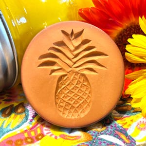 May include: A circular terracotta-coloured stamp featuring a deeply embossed pineapple design. The pineapple has a textured, diamond-patterned body and sharp, pointed leaves at the top, centred on the smooth, flat surface of the round object.