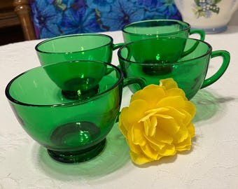 Vintage 1950s Forest Green Glass Footed Punch Cups - Set of 4 - Anchor Hocking Glassware - Colonial Lady Punch/Snack Cups