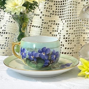Antique MZ Austria Fine Porcelain Teacup Saucer Signed Peters, Hand Painted Violets Gold Gilt Mint Green Tea Cup Set, Czech Family Heirloom