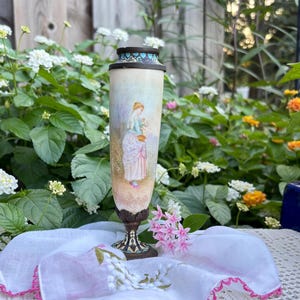 Antique French Sèvres Style Porcelain Champlevé Enamel Vase Portrait Urn 7"