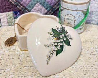 Vintage Large  Heart Shaped Ceramic Trinket Box - Ivory Glaze With Gilded Gold Base and Lily of the Valley Decorated Lid - 5 3/8” x 5”