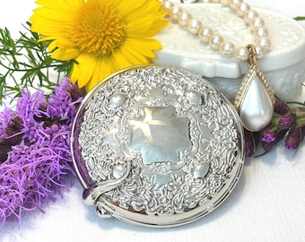 Vintage International Silver Plated Dual-Sided Compact Mirror with Ornate Floral Design