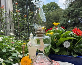 Antique Eagle Burner Glass Pedestal Keresene Oil Lantern with Clear Beaded Chimney - P & A Mfg. Co., Circa 1920s